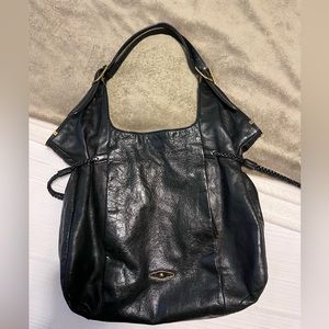 ELLIOTT LUCCA Sintra Black Pebbled Leather Tassel Large Hobo Shoulder Bag